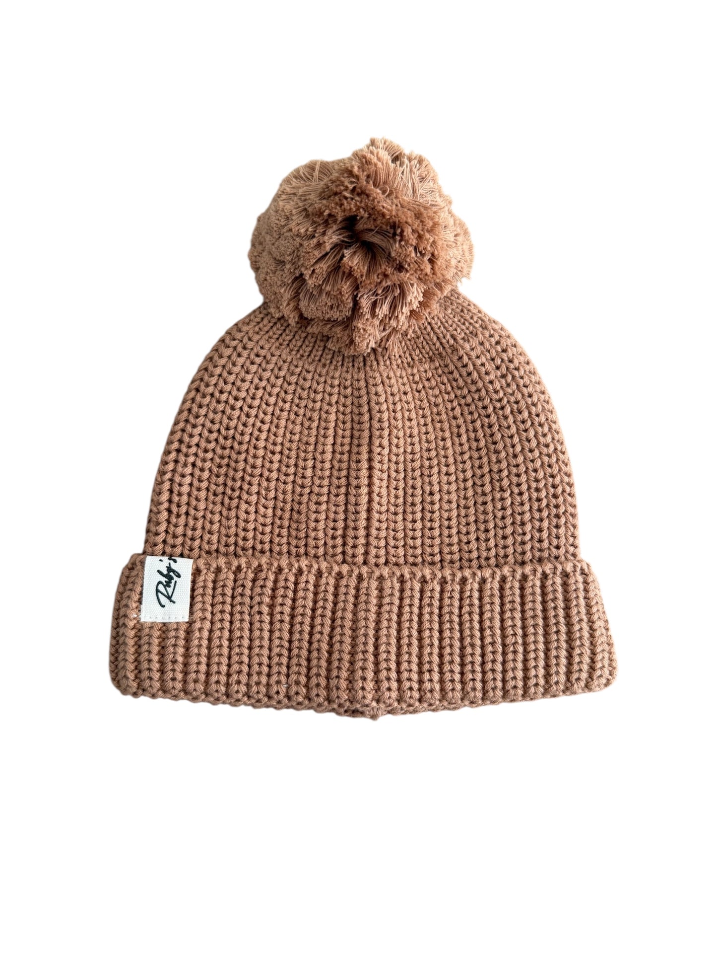 Gebreide babymuts met pompon – B2B - Bruin - Incl Btw