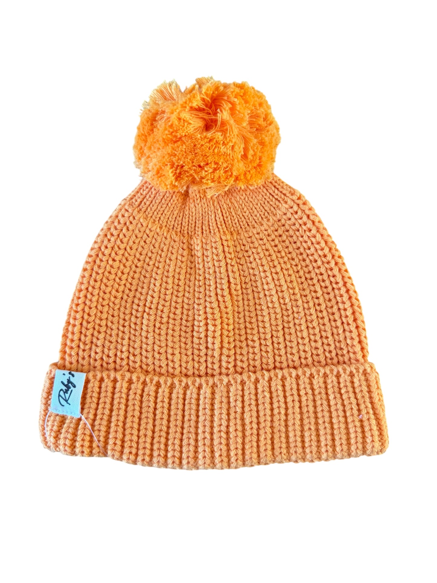 Gebreide babymuts met pompon – Oranje