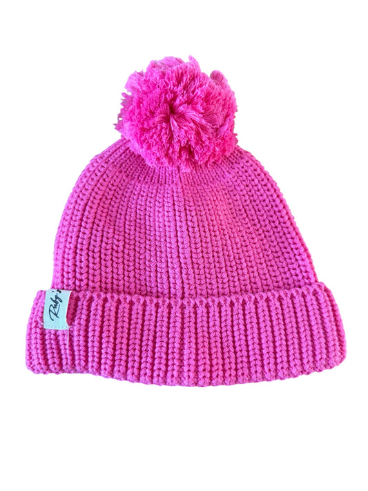 Gebreide babymuts met pompon – Roze