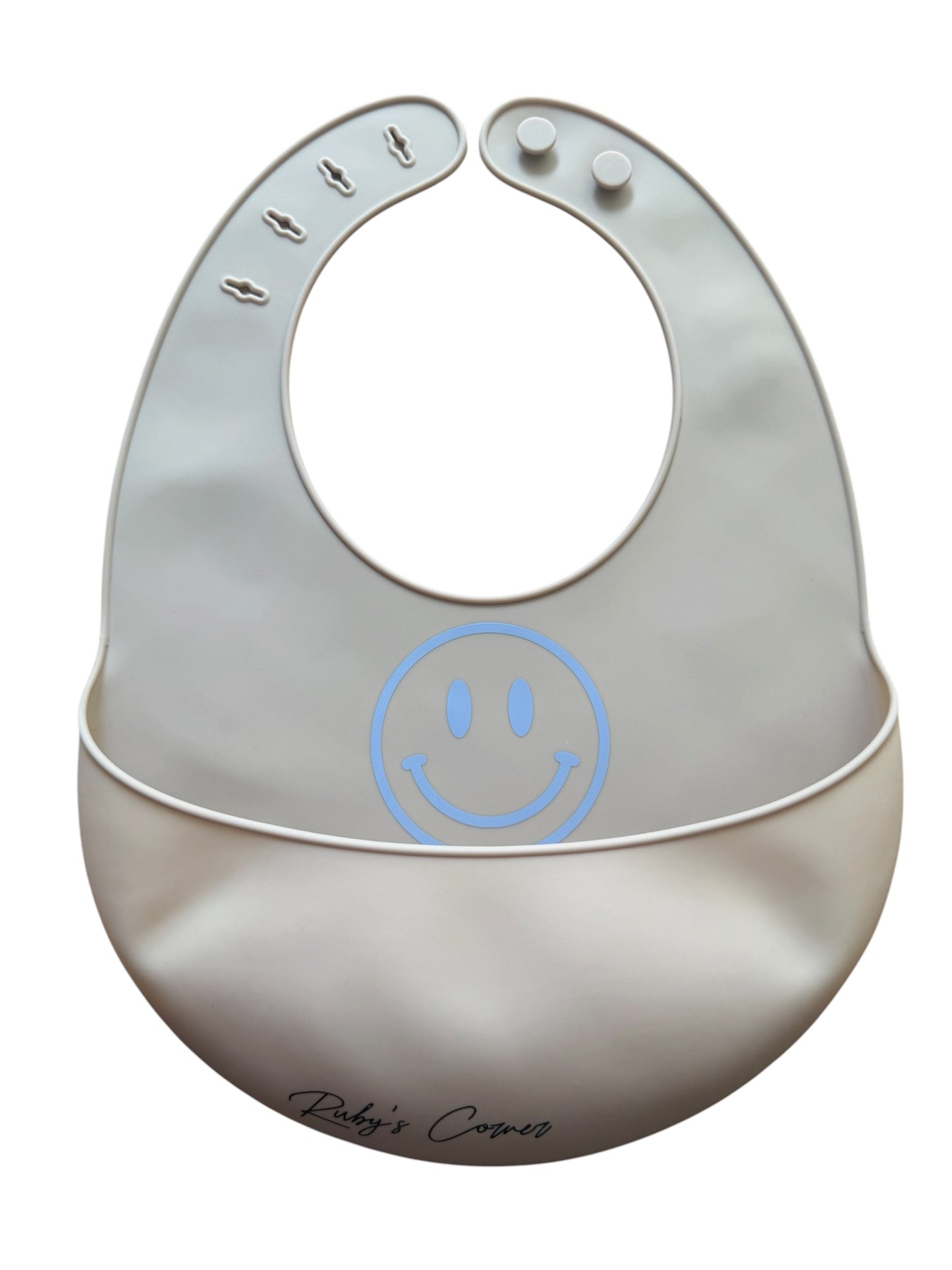Siliconen slabber met opvangbakje – Beige – Smiley Blauw