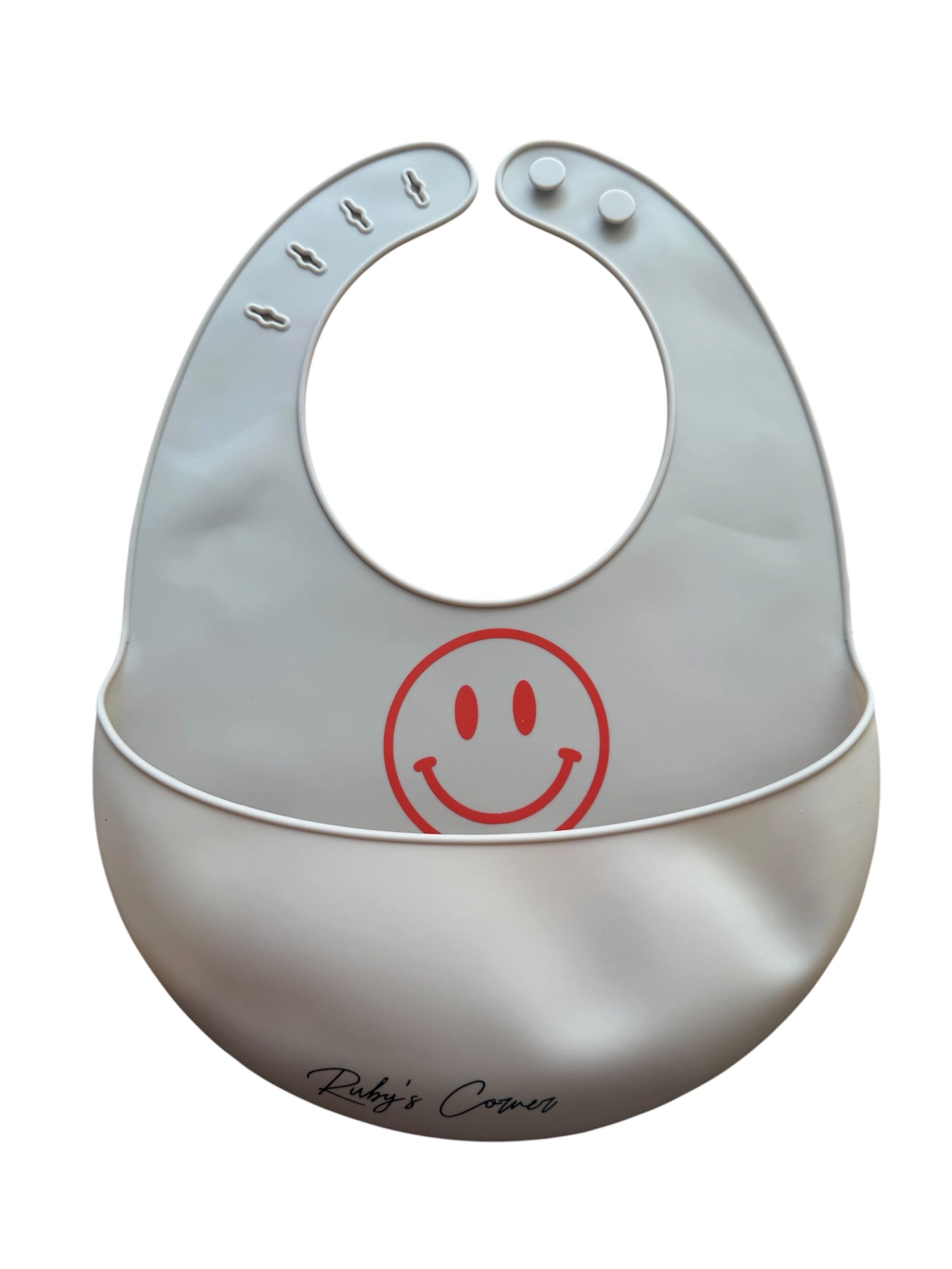 Siliconen slabber met opvangbakje – Beige – Smiley Rood