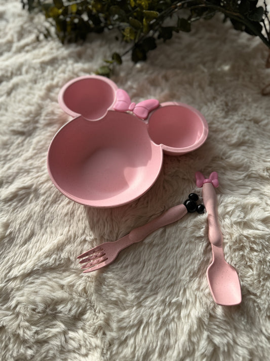 Peuter Baby Dinerbord-Servies voor Kinderen-Eetset voor kinderen-Kinderserviesset-3 delig-Duurzaam-Eco Friendly-Tarwe-Minnie-Roze