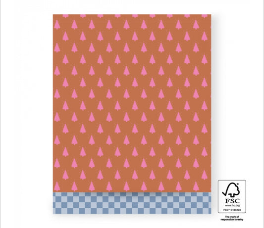 X-mas Cadeauzakjes - Tree Cognac/Pink - Check Polar Blue - 27 x 34 cm 5 stuks