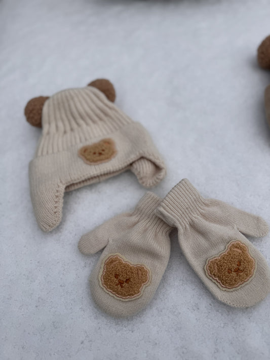 Setje Muts + Handschoenen Teddybear Beige