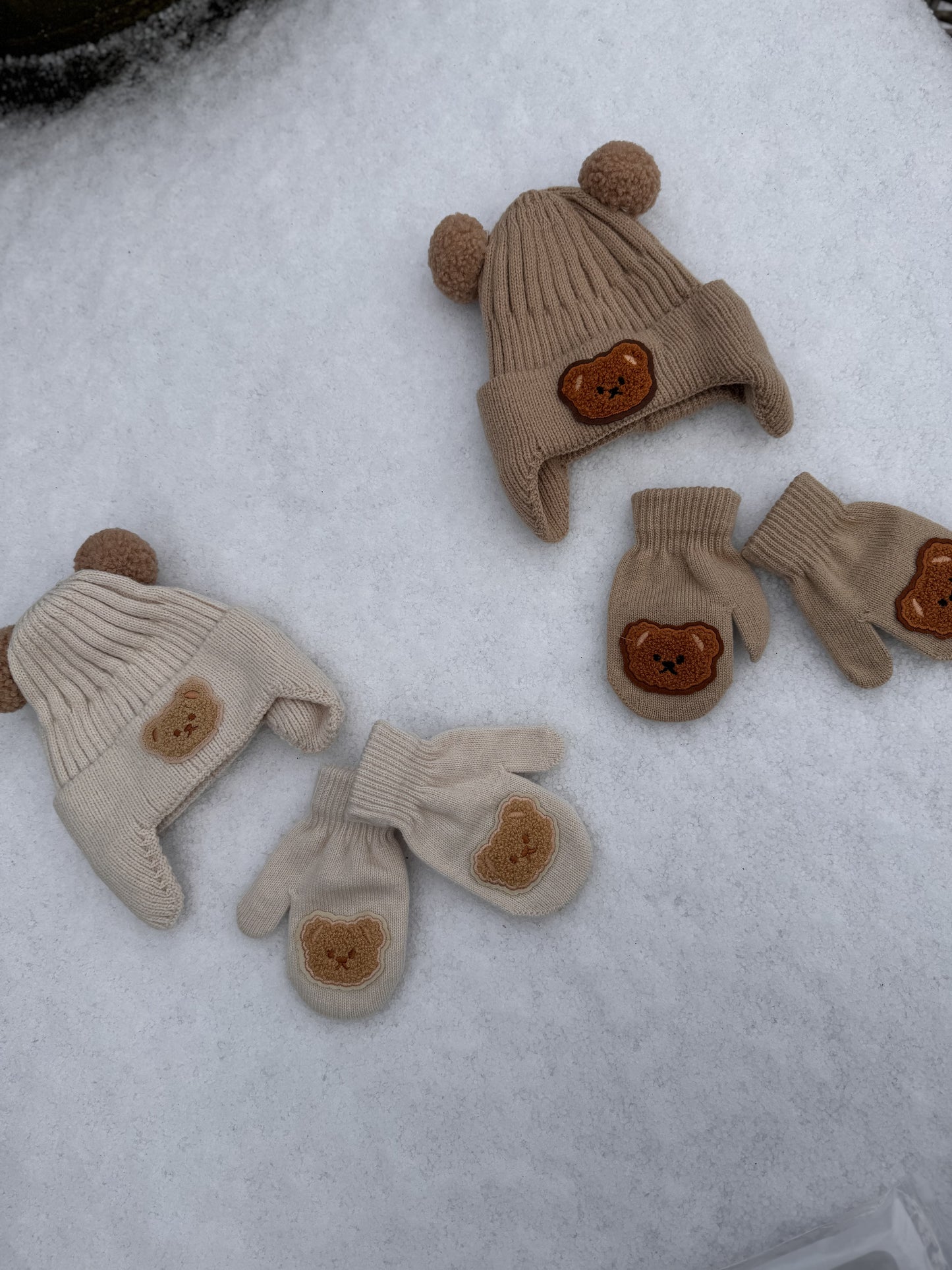 Setje Muts + Handschoenen Teddybear Beige