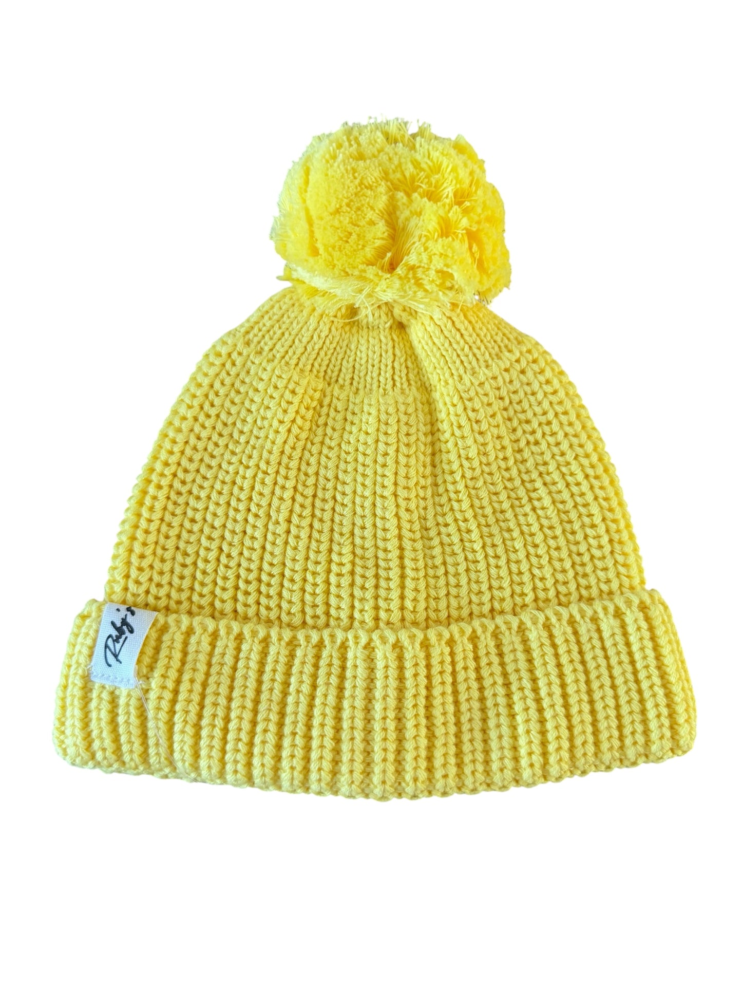 Gebreide babymuts met pompon – Geel