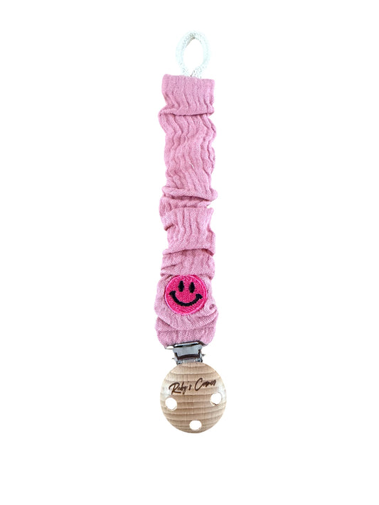 Speenkoord Mousseline - Smiley - Roze