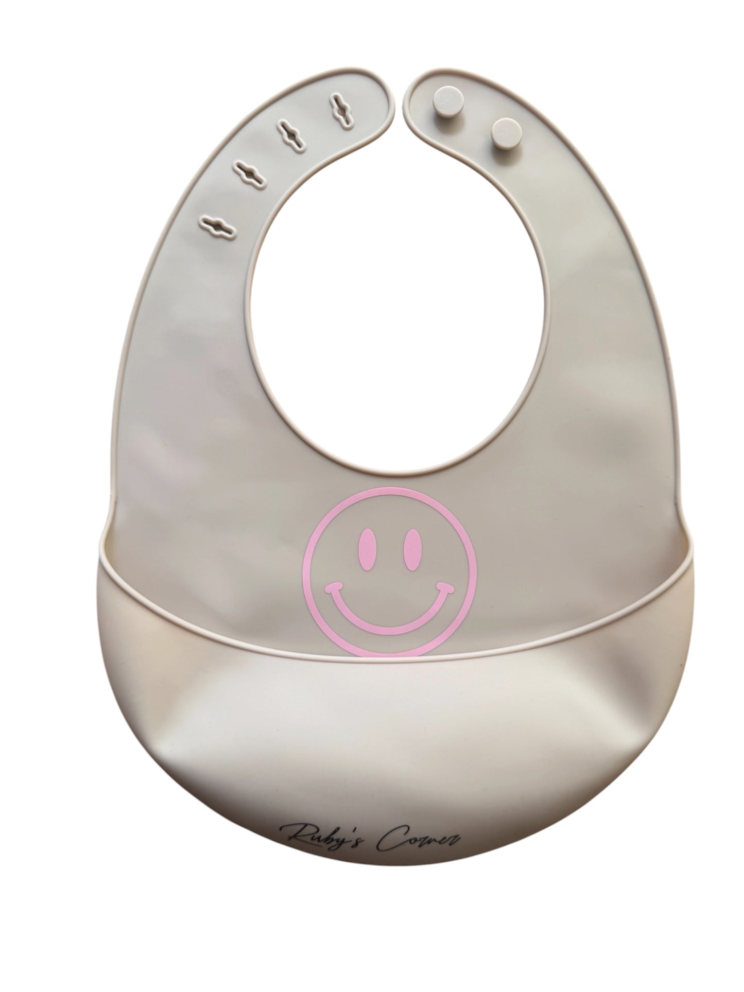 Siliconen slabber met opvangbakje – Beige – Smiley Roze