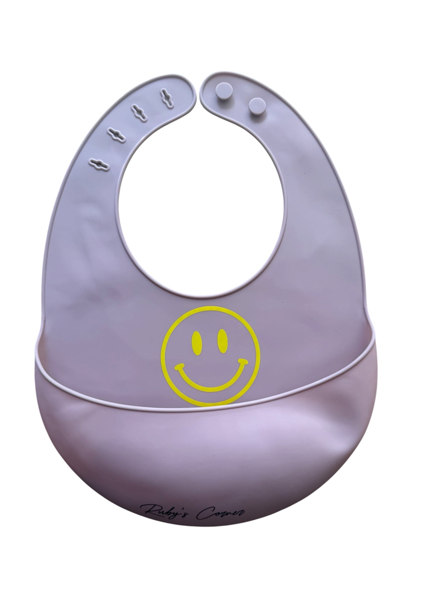Siliconen slabber met opvangbakje – Roze – Smiley Geel