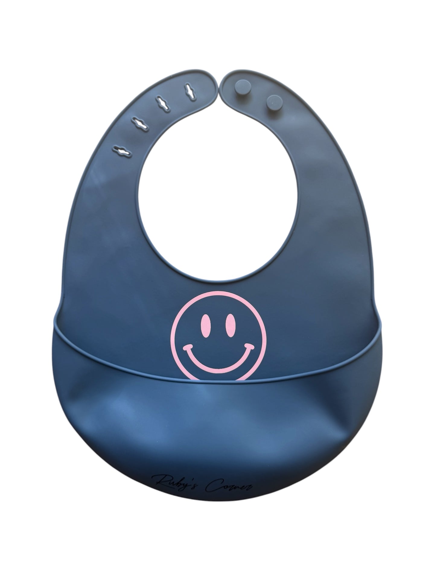 Siliconen slabber met opvangbakje – Blauw – Smiley Roze
