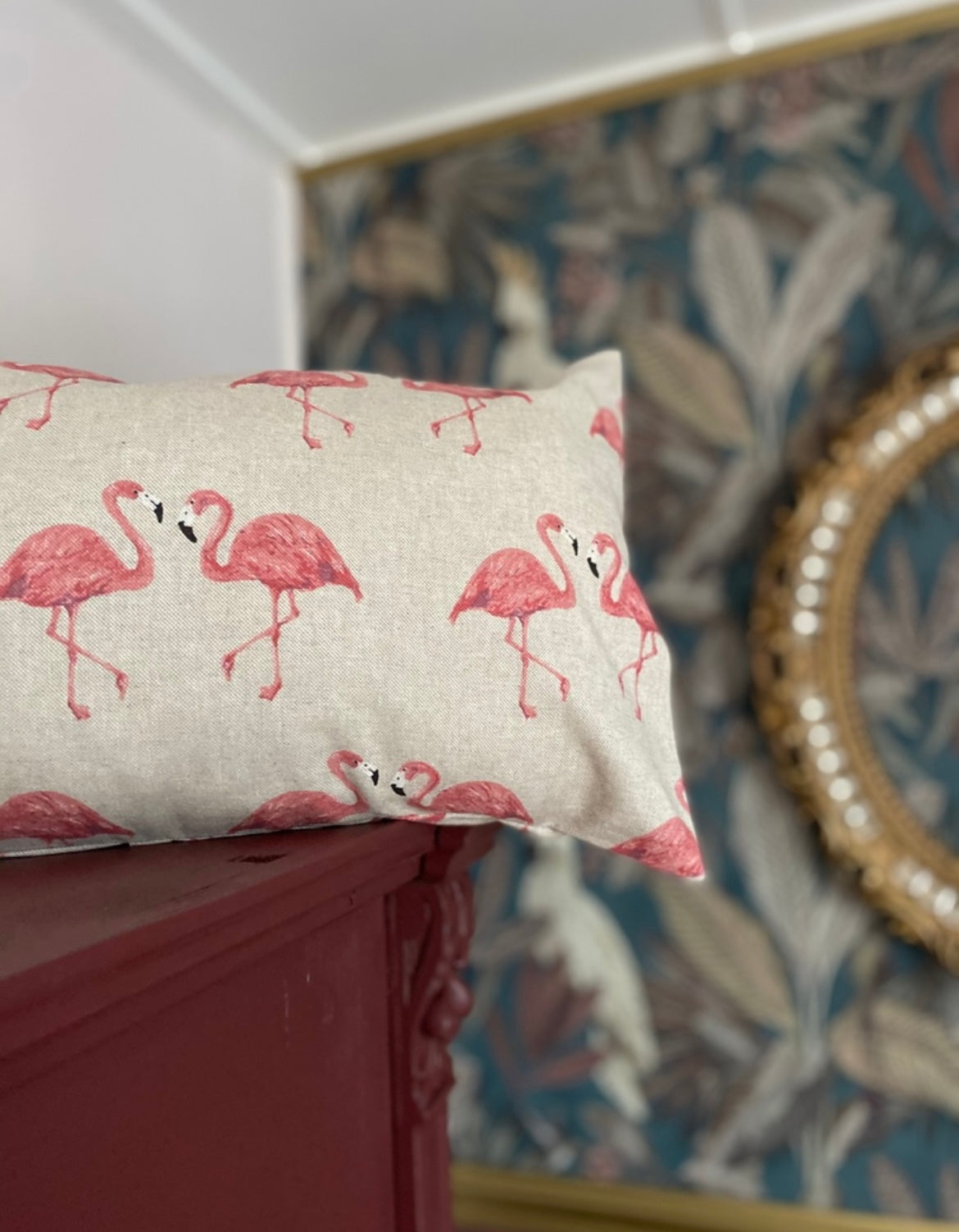 Kussenhoes met flamingo, linnenlook 30x50cm